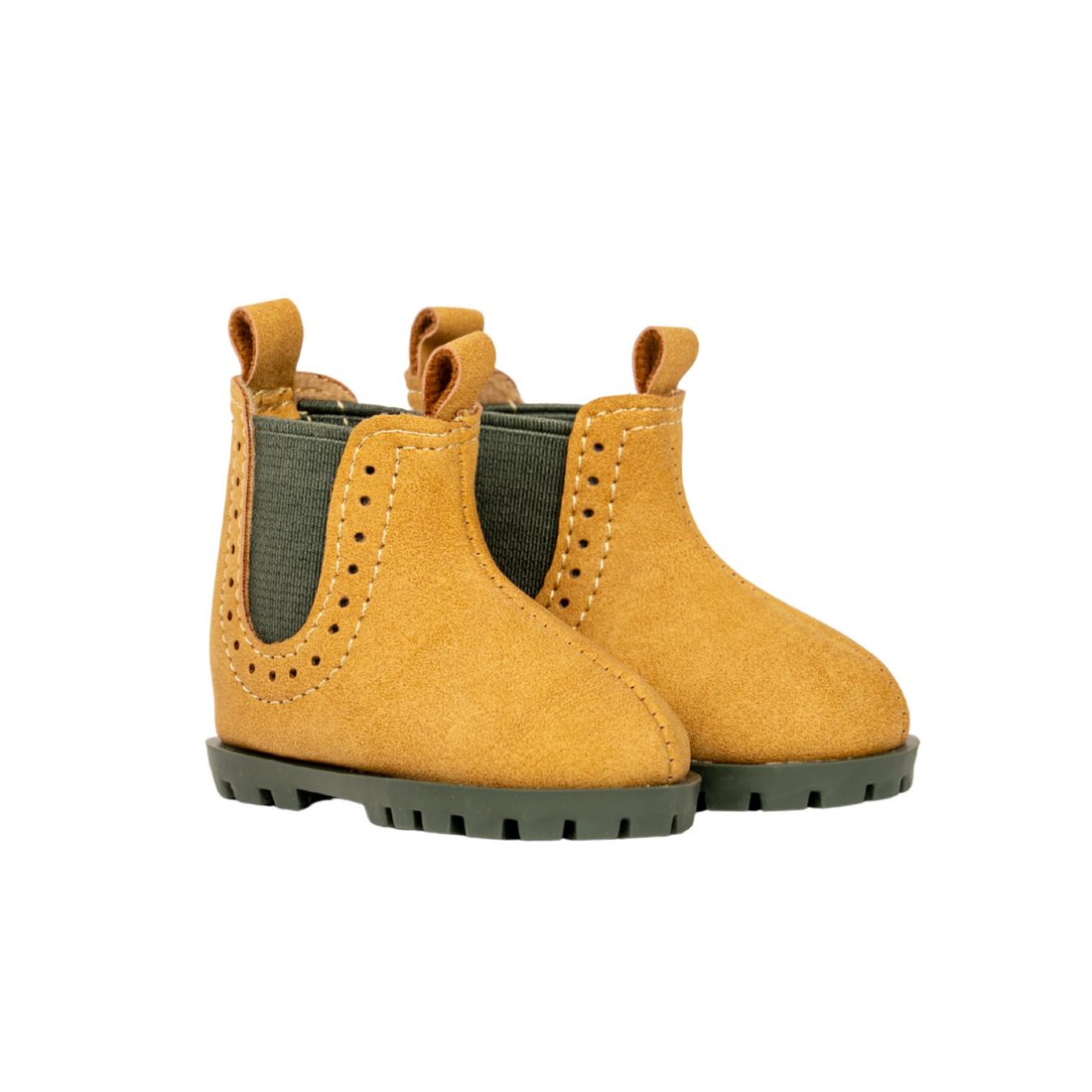 Pair of golden yellow boots with dark green lining for 18-inch dolls.