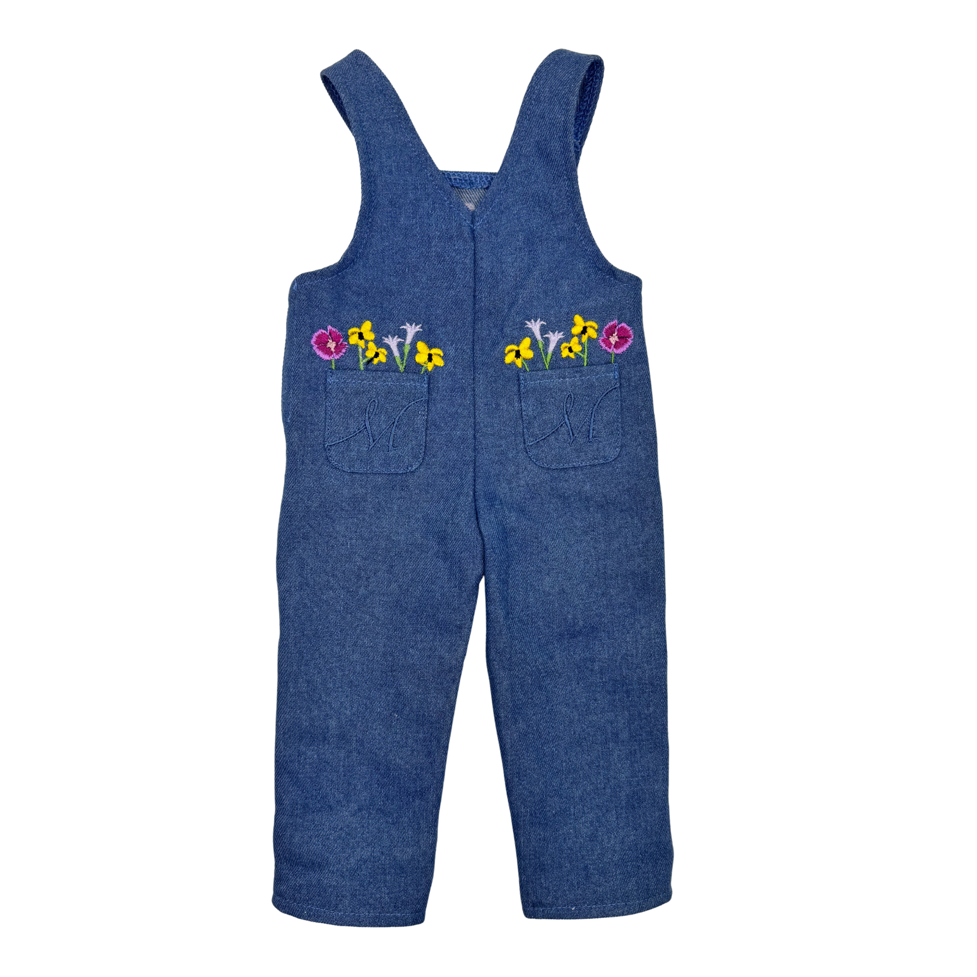 Blue denim overalls with floral embroidery for 18-inch dolls.