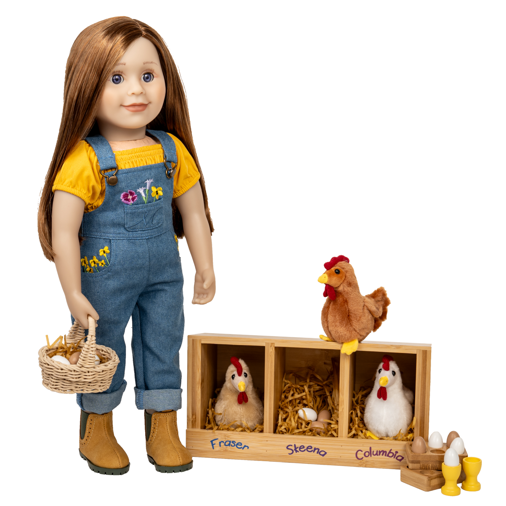 18-inch doll in yellow shirt and denim overalls with a basket and toy chickens in a coop.