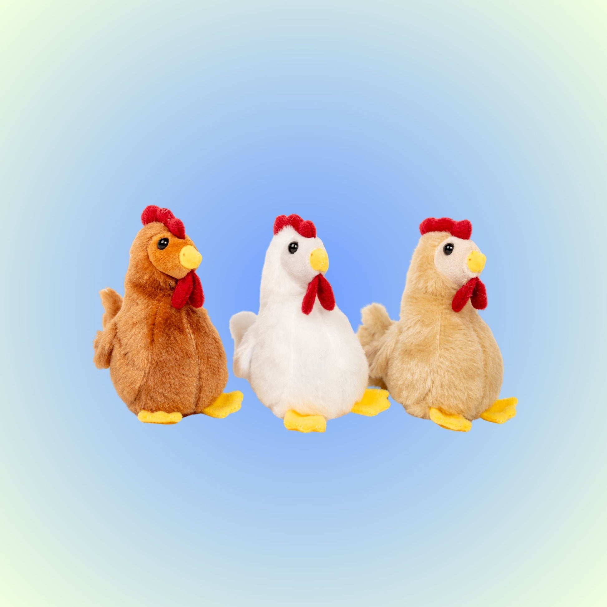 Three plush chicken toys in different colors for play with 18-inch dolls