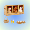 Wooden crate with toy chickens labeled 'Fraser', 'Steena', and 'Columbia' with chicken accessories for doll play.