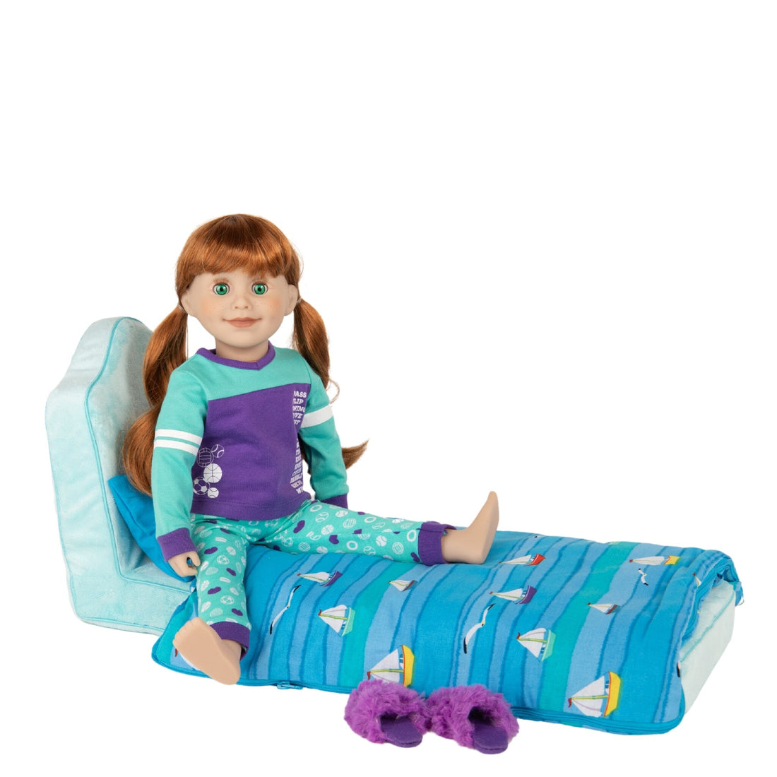 Dream Team sports-themed purple and teal PJs with purple fuzzy slippers fits all 18 inch dolls.