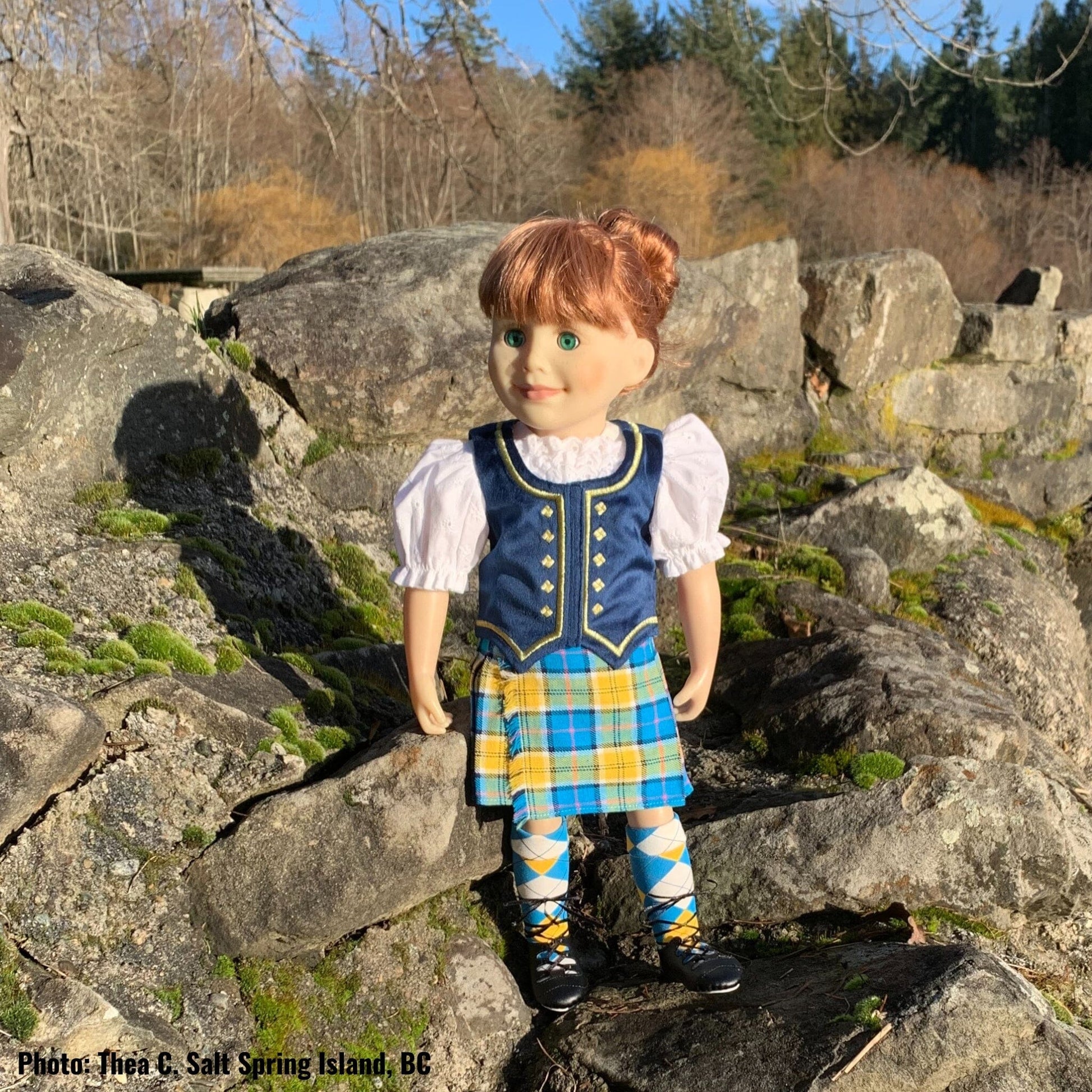 Nova Scotia doll dressed in Highland Dance outfit shows her Scottish pride.