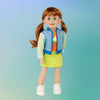 Jenna doll wearing sporty graphic t-shirt jacket and skirt with sailing theme and white runners