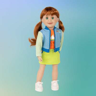 Maplelea Jenna doll in cute summer themed sporty jacket and shirt with white runners