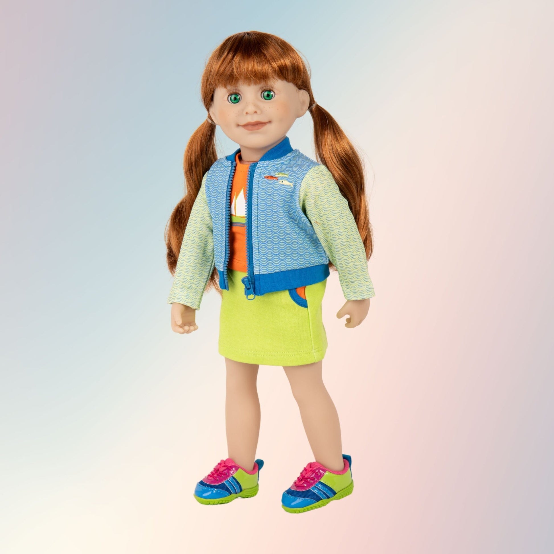 18-inch Maplelea doll wearing colourful sporty sailing jacket skirt set and multicoloured runners