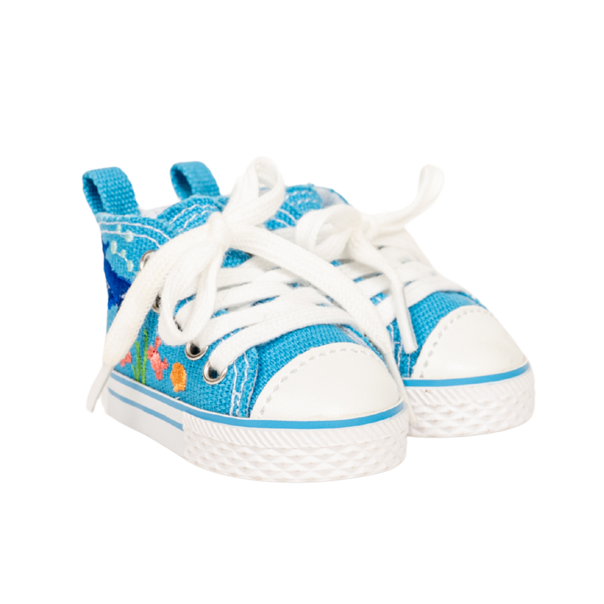 Blue high-top sneakers with ocean-themed design for 18-inch dolls.