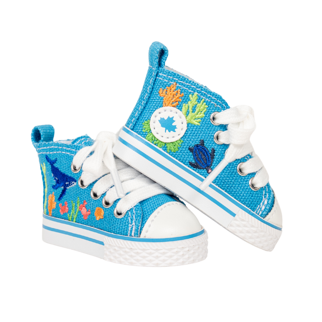 Blue high-top sneakers with ocean-themed design for 18-inch dolls.