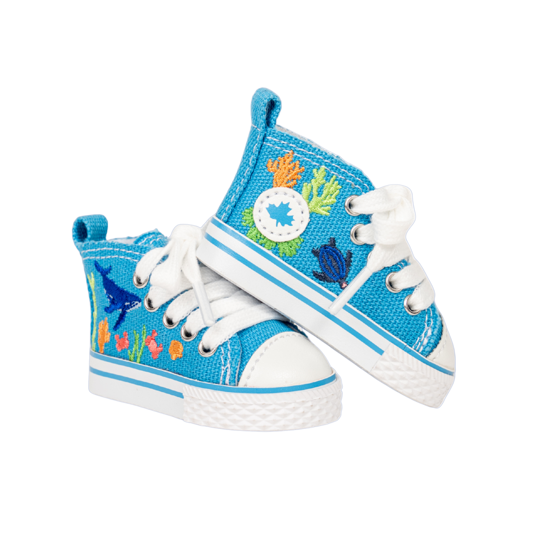 Blue high-top sneakers with ocean-themed design for 18-inch dolls.