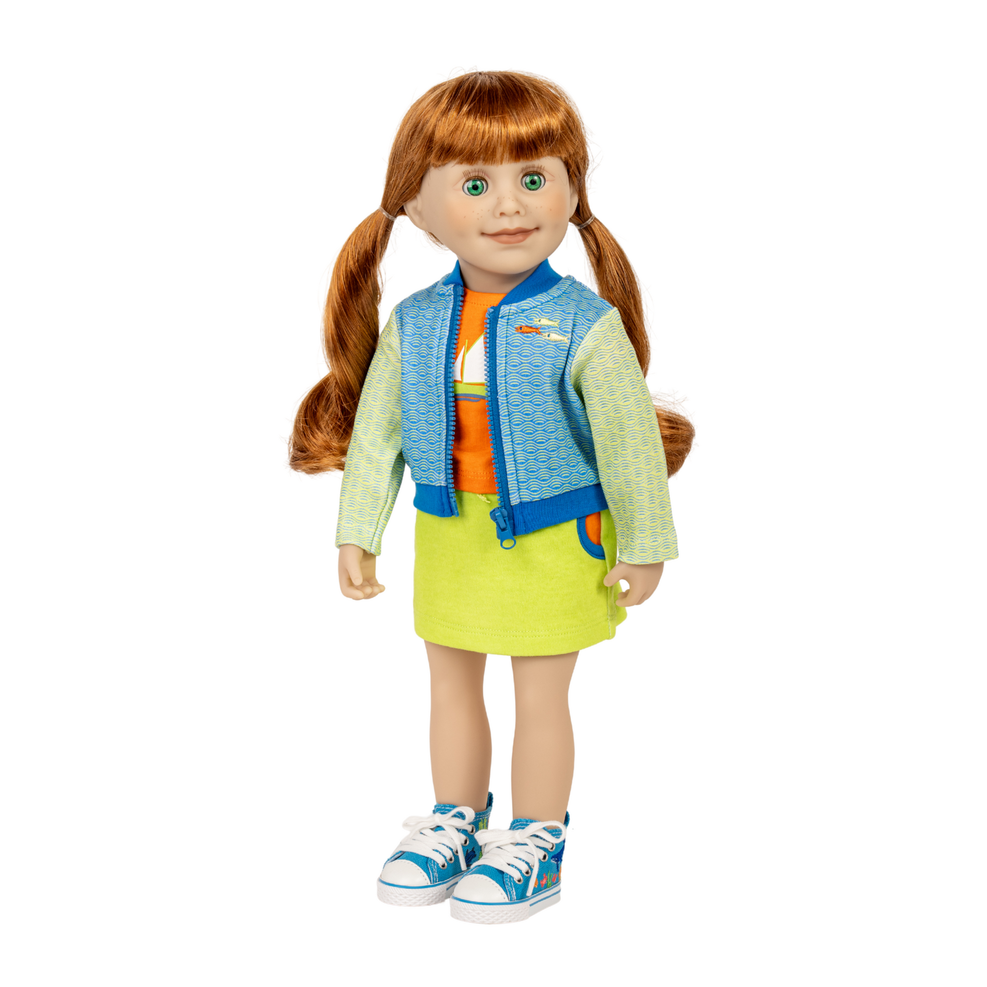 18-inch doll wearing boating outfit with sea themed hightop shoes.