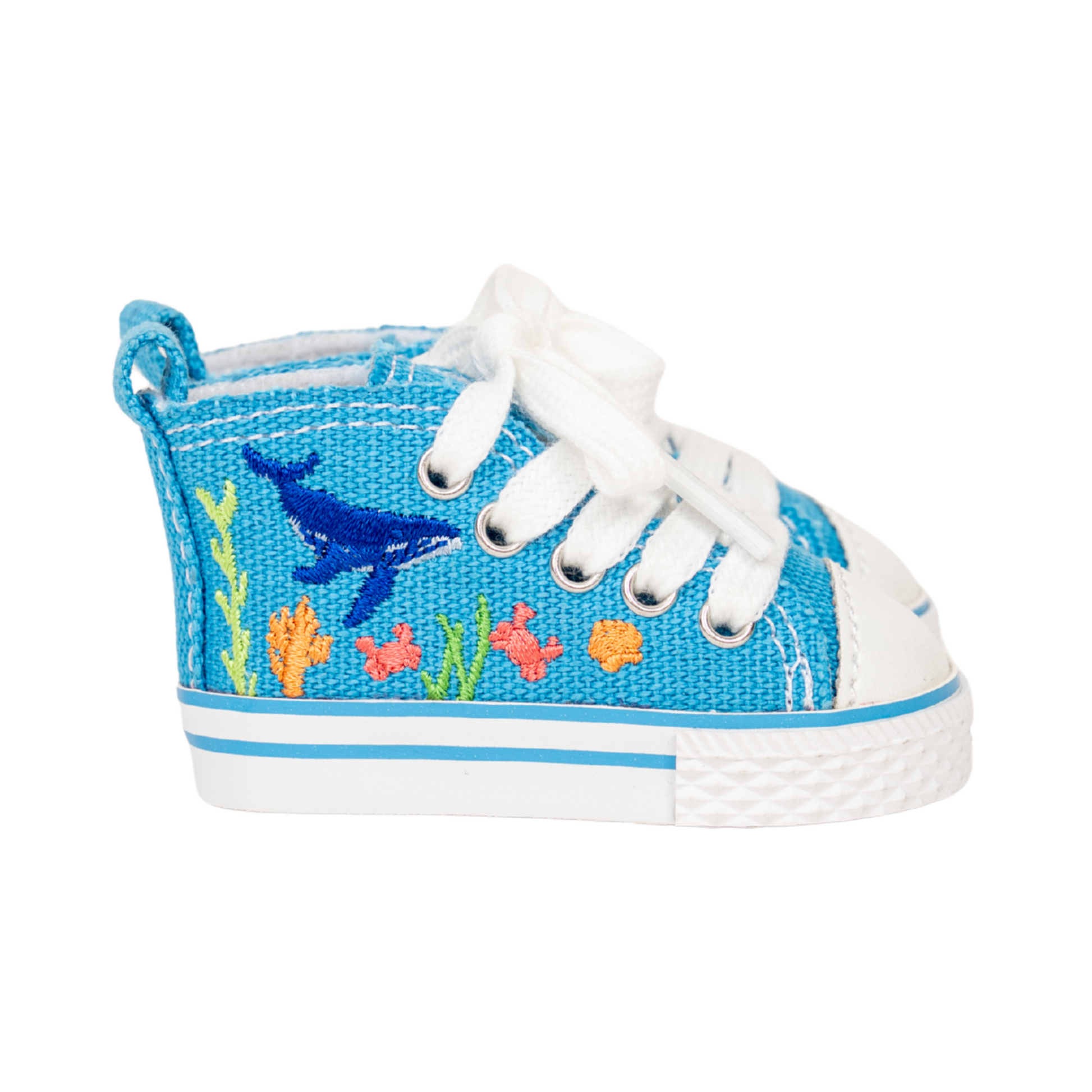Blue high-top sneakers with ocean-themed design for 18-inch dolls.