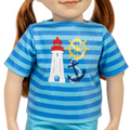 Blue striped t-shirt with lighthouse, anchor, and wheel design for 18-inch dolls.