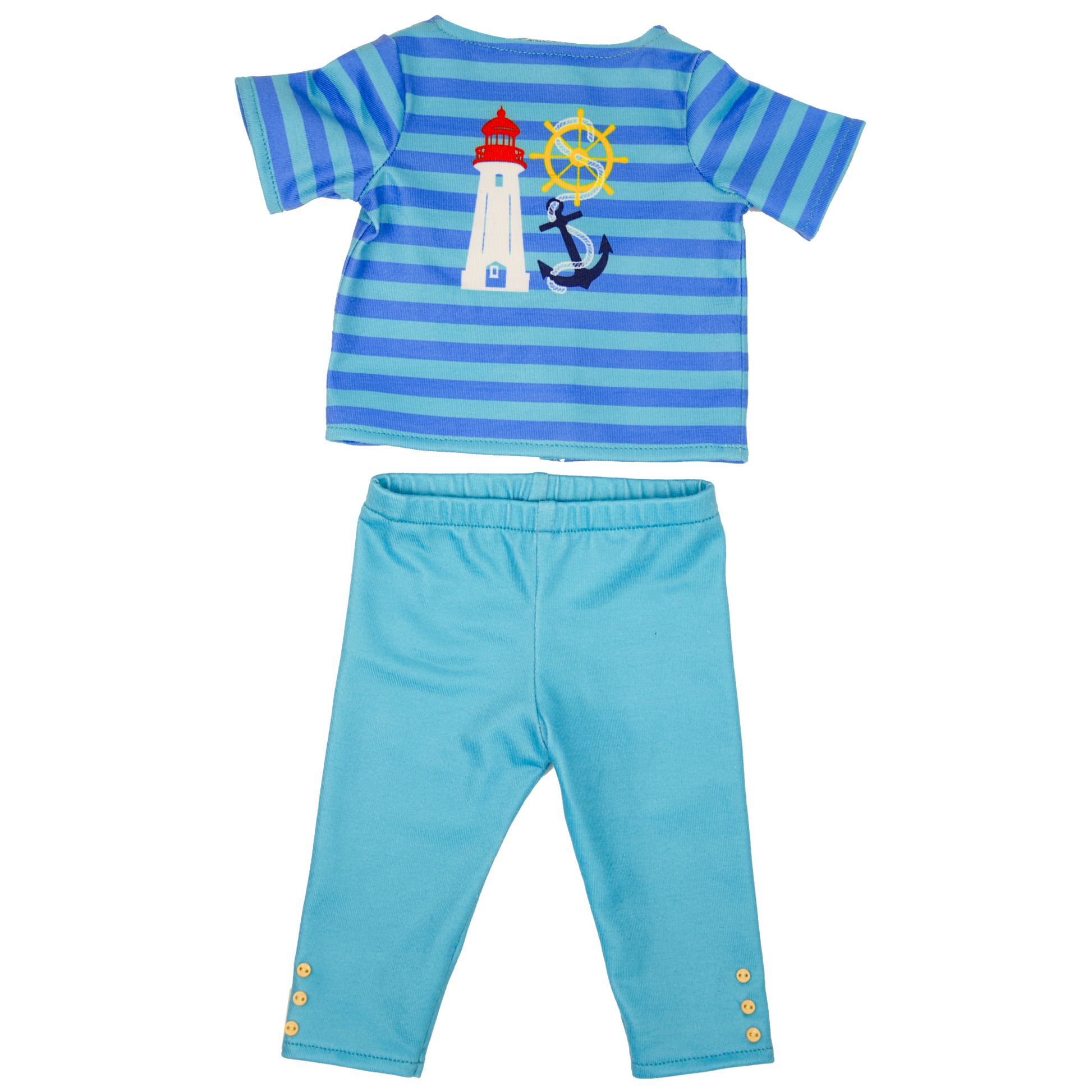 18-inch doll blue striped shirt and pants set with lighthouse and anchor design.