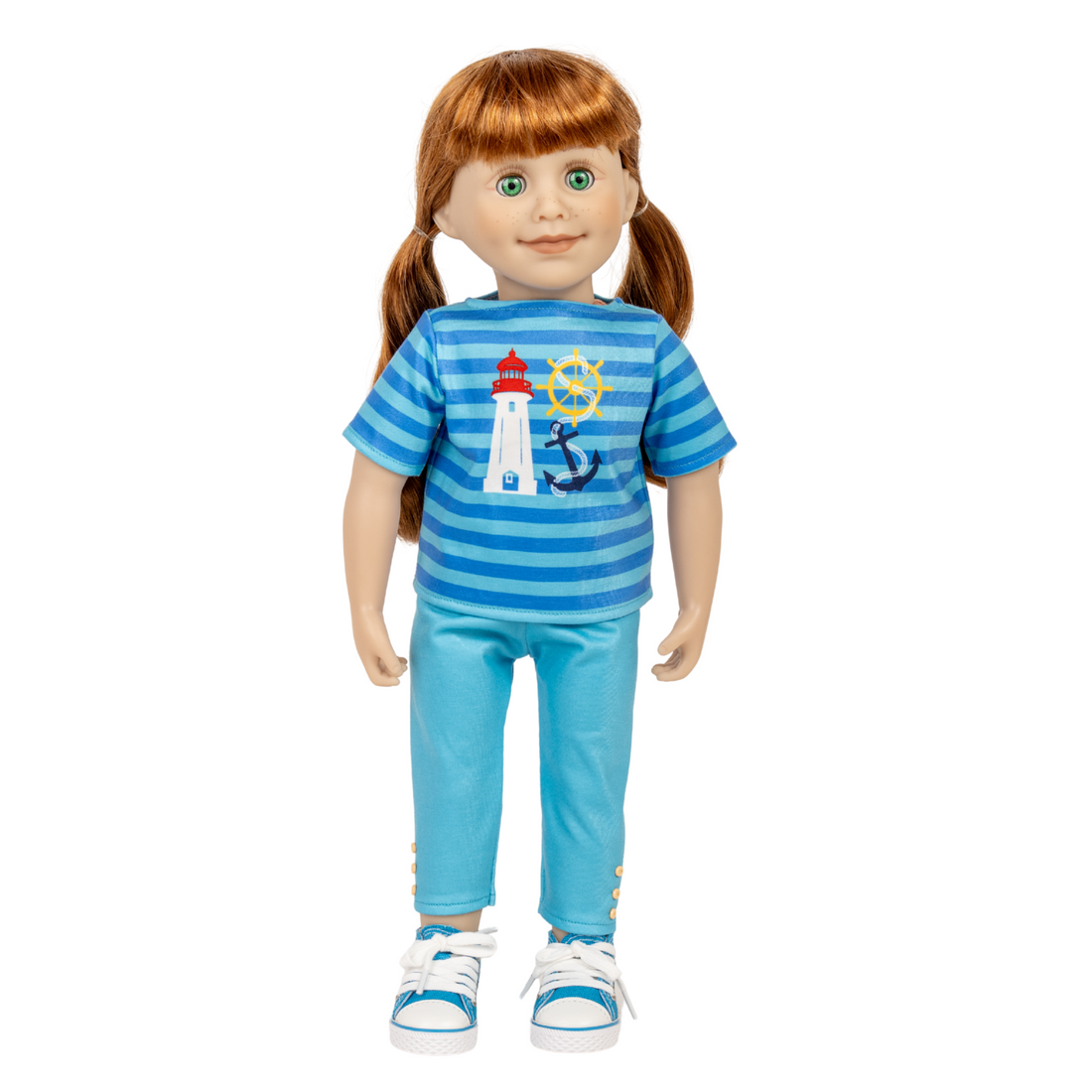 18-inch doll wearing a blue striped shirt with a lighthouse design and matching pants.