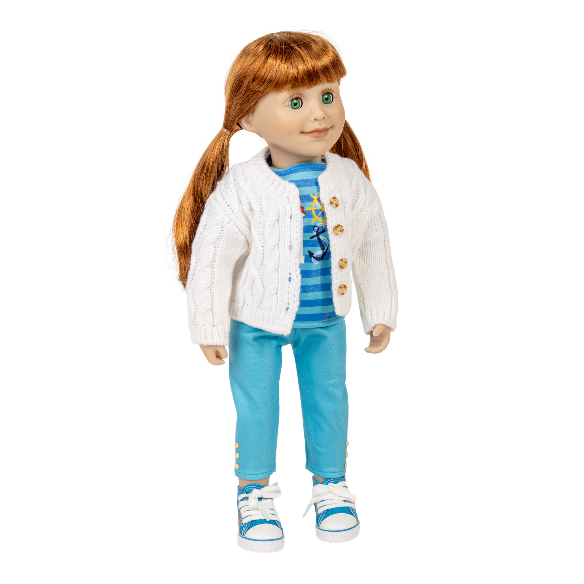 18-inch doll wearing a white jacket, blue striped shirt, and blue pants.
