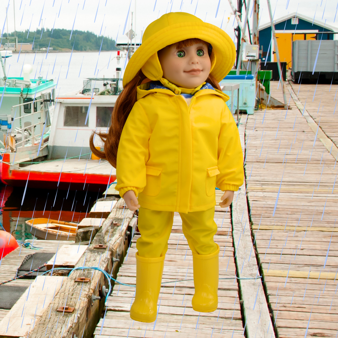 18-inch doll wearing a yellow raincoat and boots.