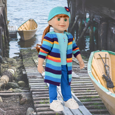 Colourful striped Nova Scotia inspired sweater set with white runners on Maplelea Jenna doll.