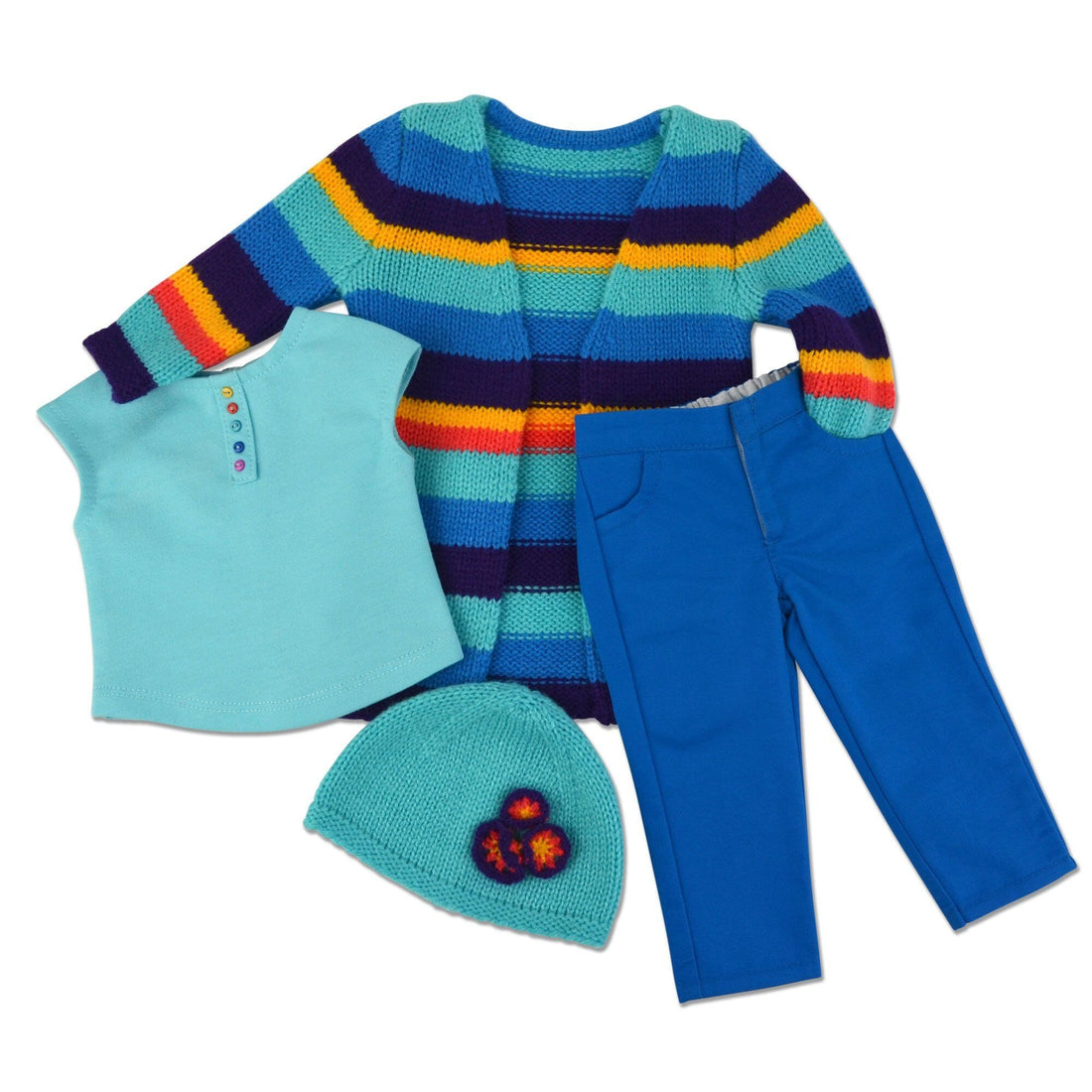 Colourful striped Nova Scotia inspired sweater set with white runners on Maplelea Jenna doll.