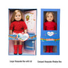 leonie doll shown in two sizes of box, the larger keepsake box with lid and the compact keepsake window box