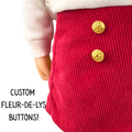 Red skirt with Custom Fleur-de-Lys Buttons for 18-inch dolls.