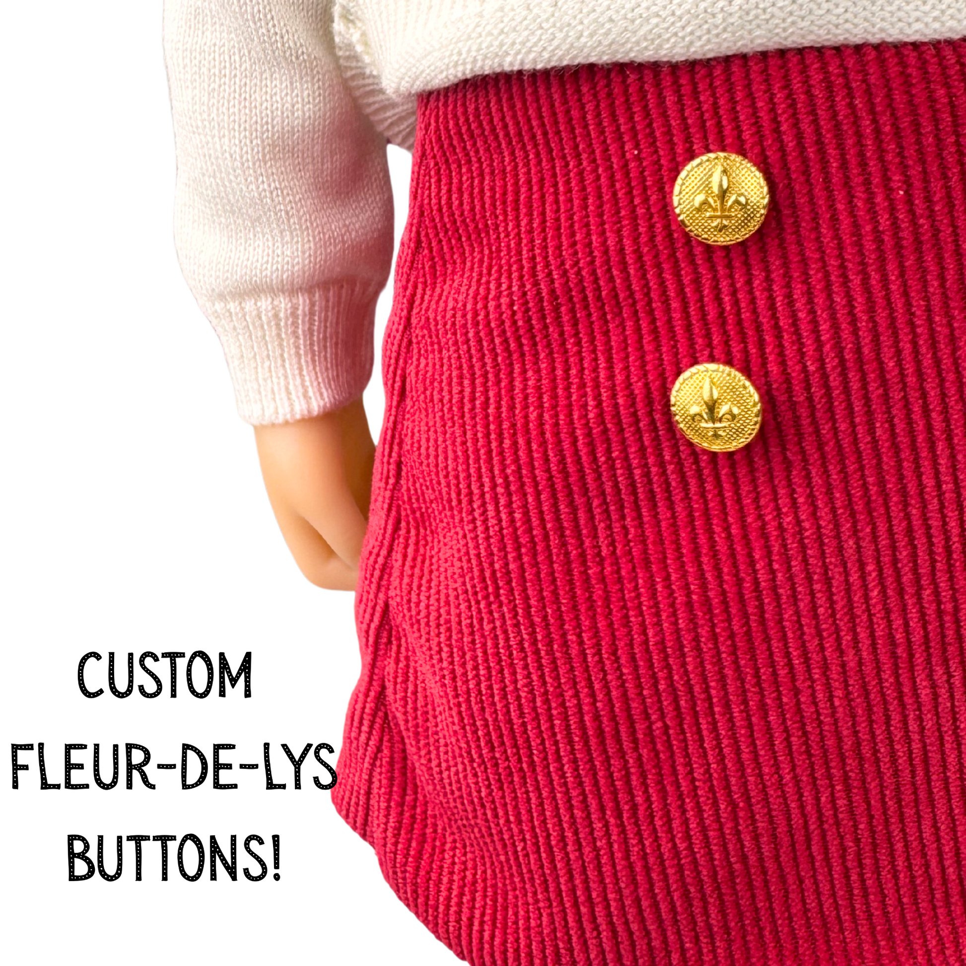 Red skirt with Custom Fleur-de-Lys Buttons for 18-inch dolls.