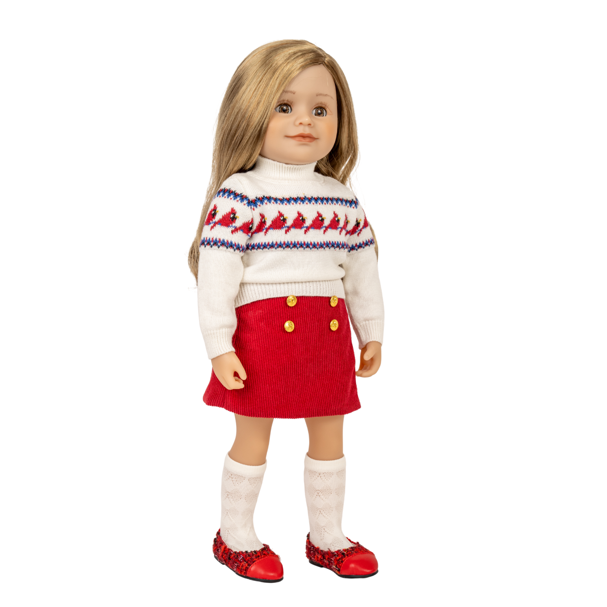 18-inch doll wearing cream coloured turtleneck top with red skirt, knee high socks and red shoes. By Maplea