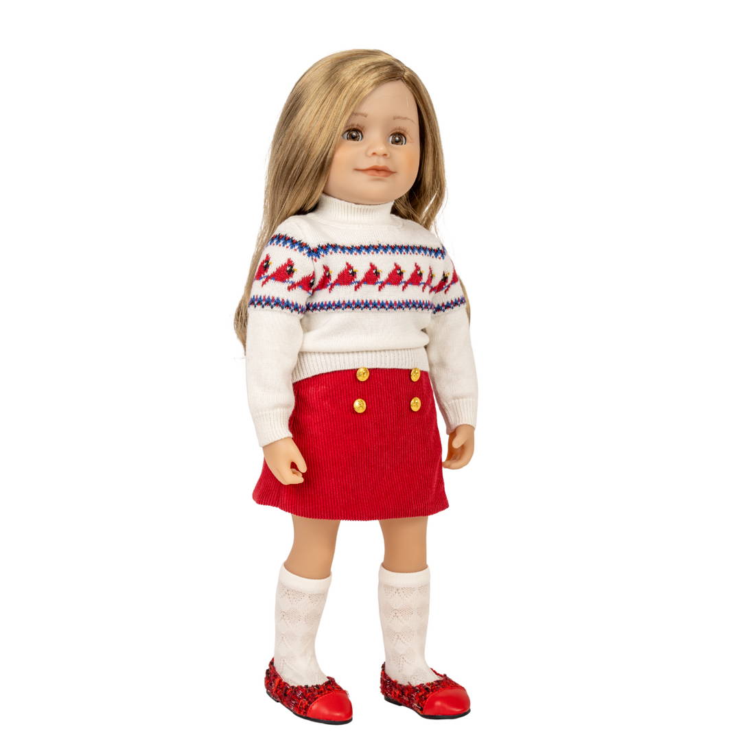 18-inch doll wearing cream coloured turtleneck top with red skirt, knee high socks and red shoes. By Maplea
