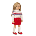 18-inch doll wearing cream coloured turtleneck top with red skirt, knee high socks and red shoes. By Maplea