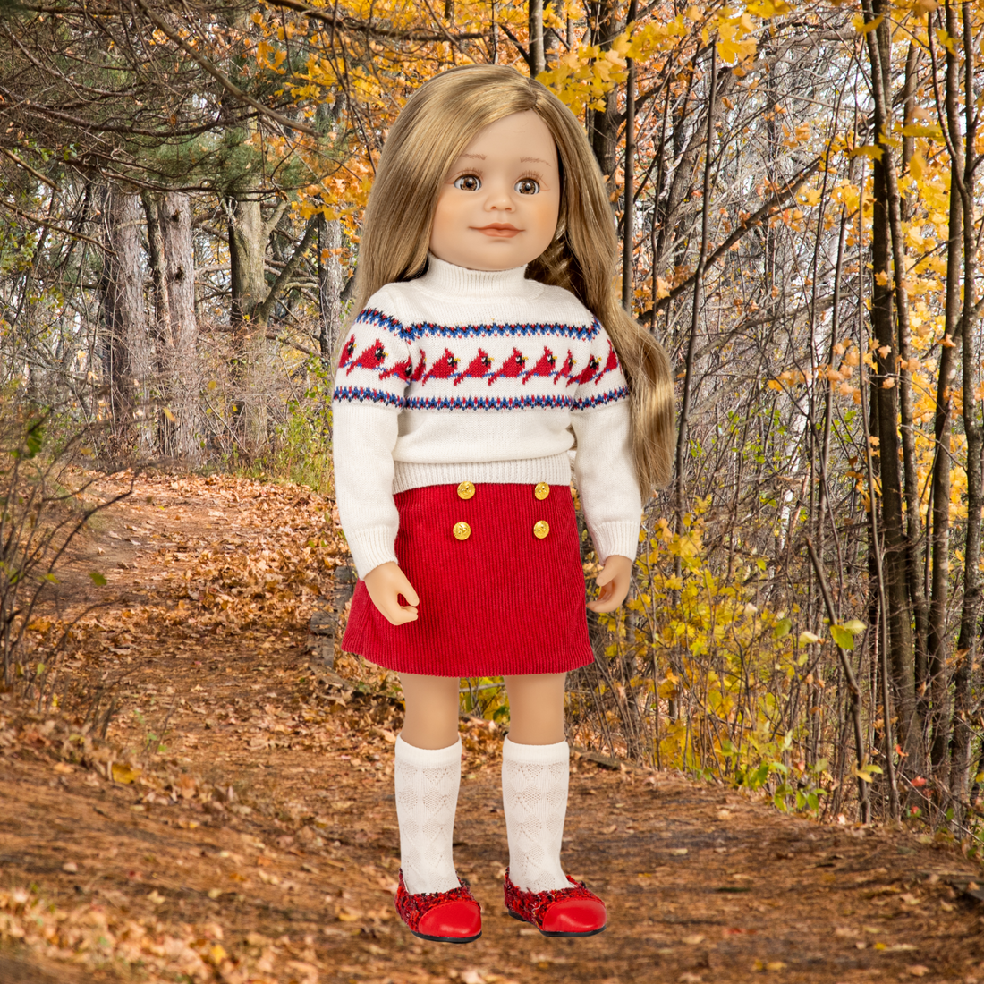 18-inch doll wearing cream coloured turtleneck top with red skirt, knee high socks and red shoes. By Maplea