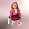 KL68 Maplelea doll sitting on chair with  dressy outfit ruffles bows flowers  pink  sparkly shoes