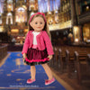 KL68 18" Leonie doll wearing cute black and pink skirt with flower detail jacket headband and shoes