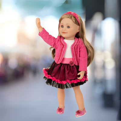 Canadian 18" doll wearing dressy outfit with sparkly shoes pink black