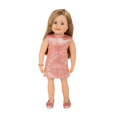 Leonie doll wearing pink sparkly summer dress for 18-inch dolls and sparkly pink shoes