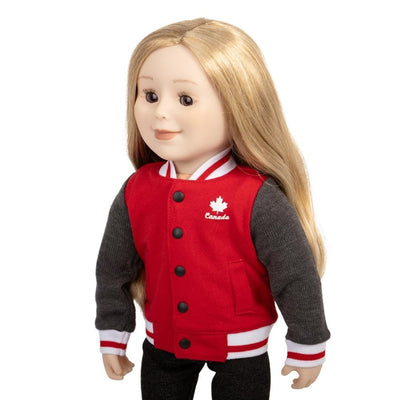 A bomber jacket worn by an 18-inch doll. The coat has a maple leaf crest on it.