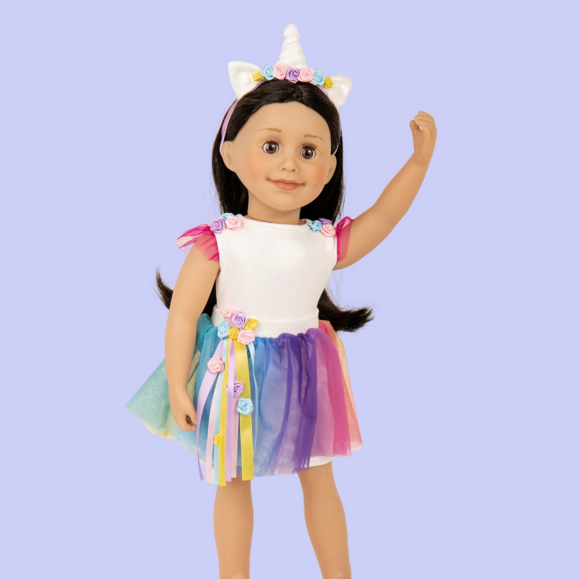 18-inch doll wearing colourful unicorn costume with unicorn horn headpiece.