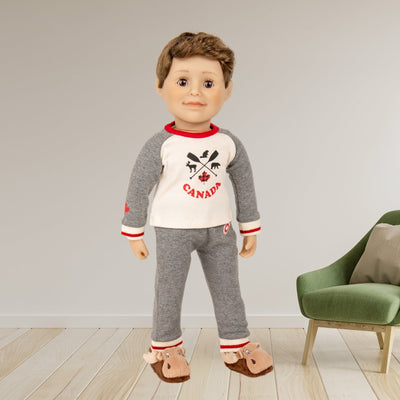 Canadian 18" boy doll wearing iconic pajamas and moose slippers
