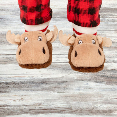 KM132 plush Moose slippers on 18 inch Maplelea doll in pajamas