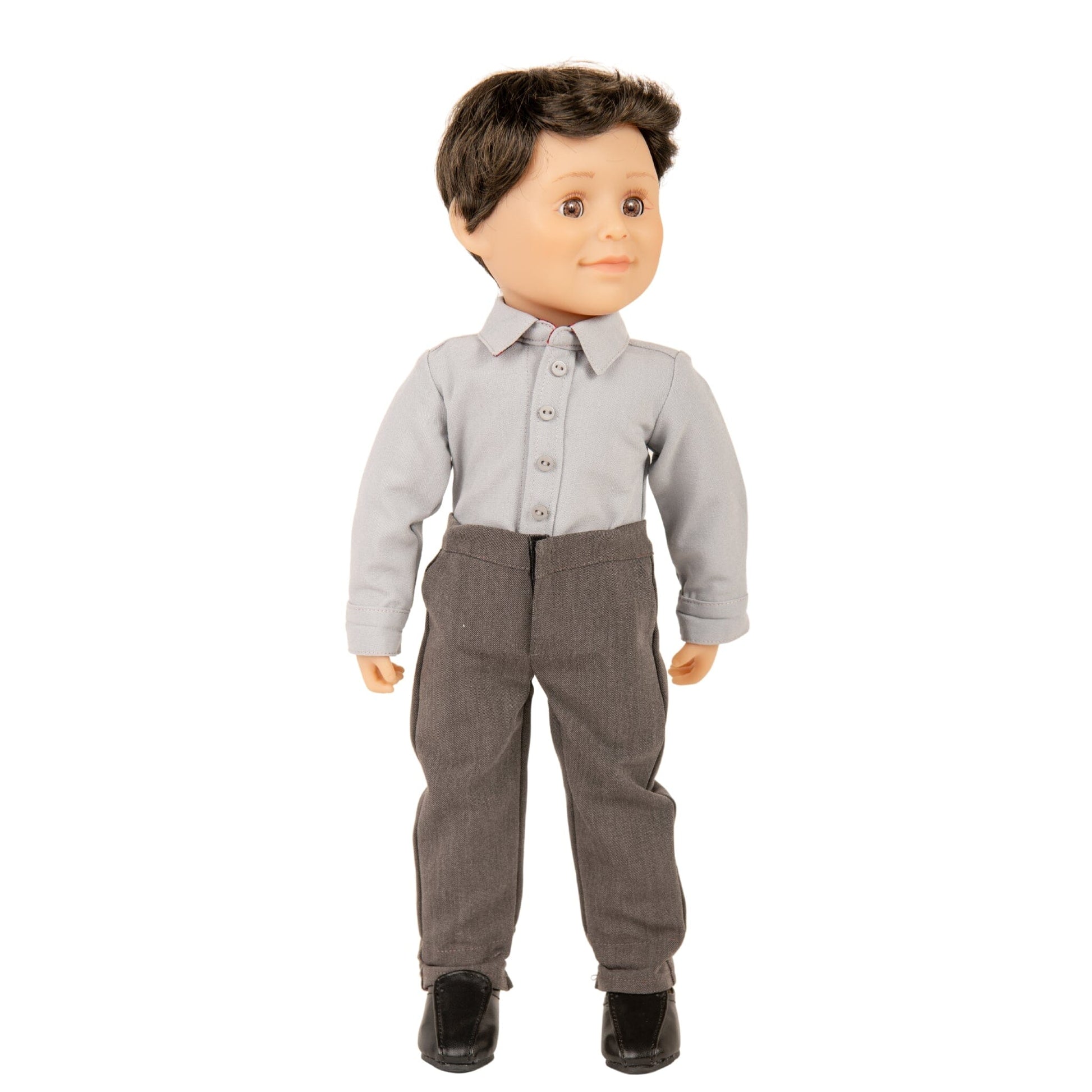 boy doll wearing rural roots grey button up and grey dress pants. 