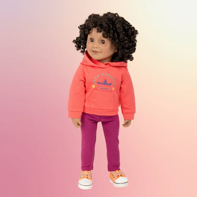 Dark skinned Maplelea doll with beautiful curly hair wearing camping outfit annd peach runners.