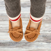 KM155 Moccasins on Canadian doll with grey leggings
