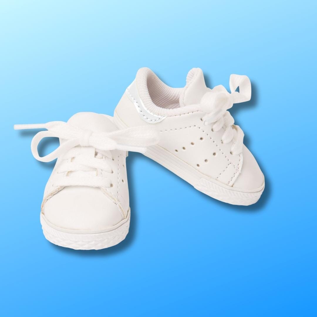 White runners in a classic tennis style fit all 18" dolls including American Girl and Our Generation