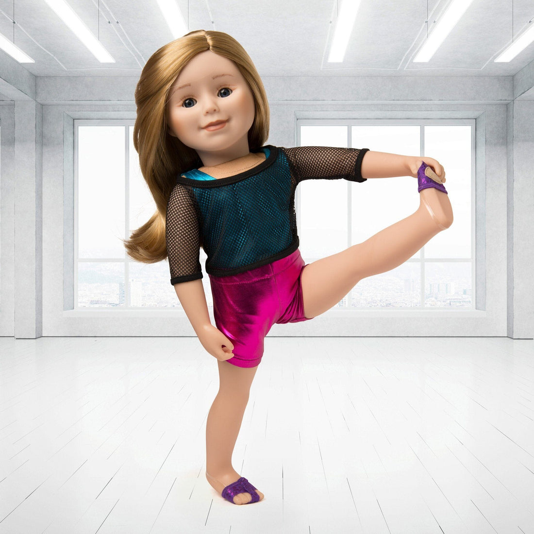 Blue metallic bodysuit, black mesh top, bright pink metallic boyshorts, purple dance paws fits all 18 inch dolls.