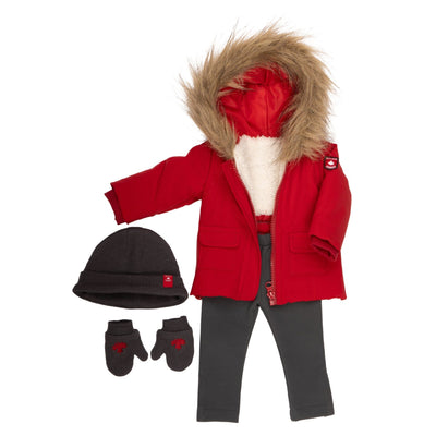 KM171 Far North Parka outfit red parka with fur trimmed hood grey snowpants hat and mitts