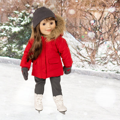 18 inch Maplelea doll skating and wearing red parka hat mitts snowpants