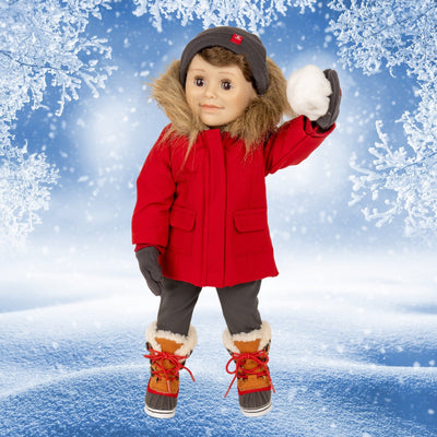 Far North Parka on Maplelea boy doll throwing snowball with snow boots on