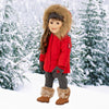 Maplelea doll walking in snow with parka with furry hood and fur snow boots