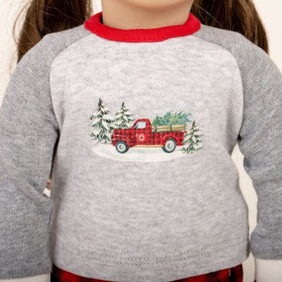 Maplelea doll wearing festive farm truck Canadiana pjs