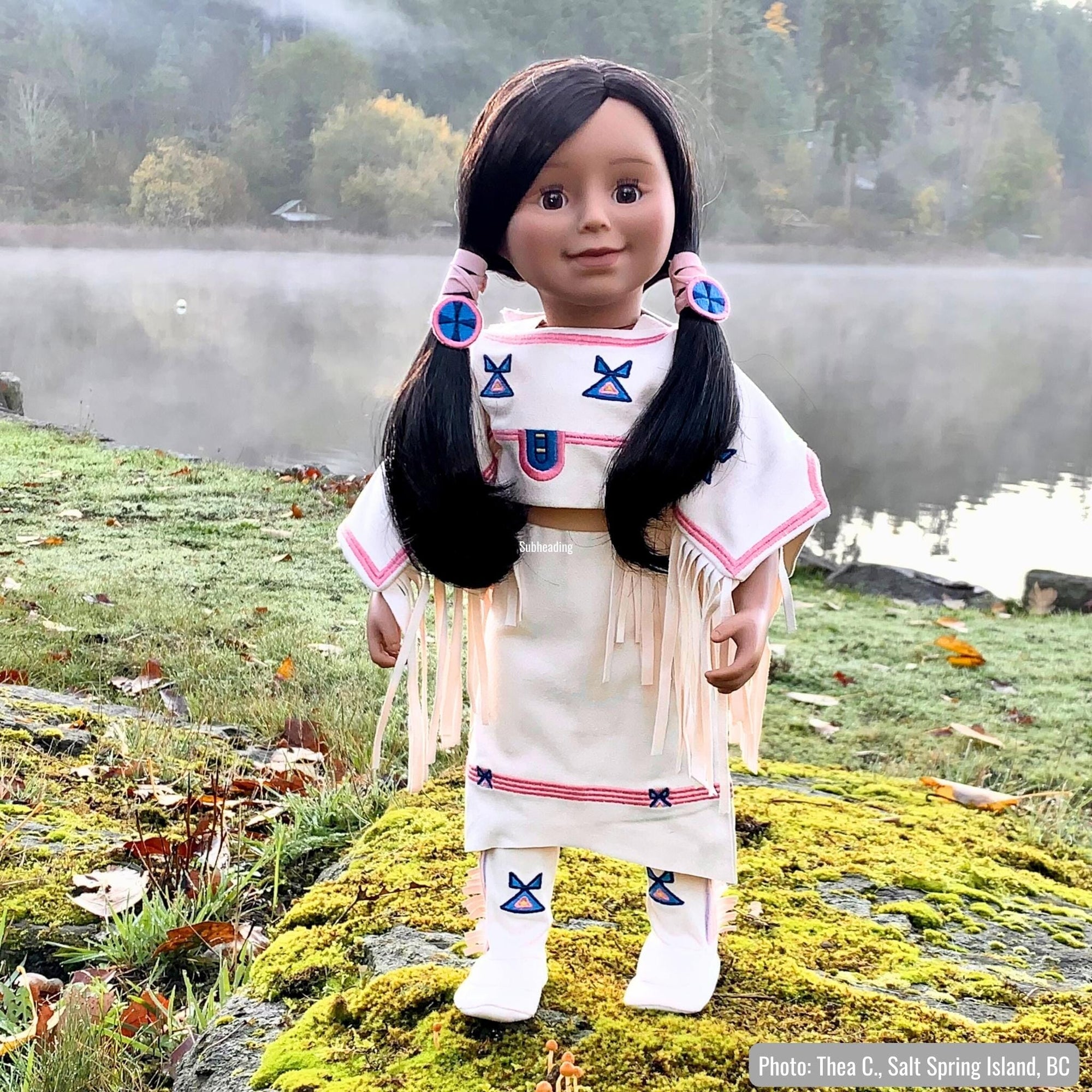 Maplelea doll wearing Canyon's Dress Norther Wiya Traditional Indigenous outfit on Salt Sprint Island, BC