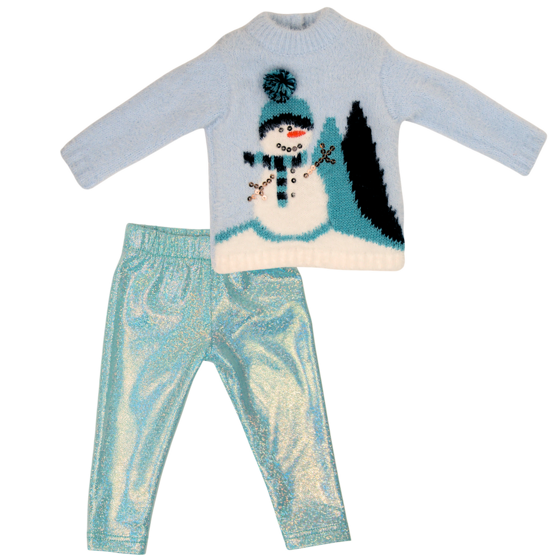 18-inch doll wearing snowman sweater with sparkly blue leggings and a matching miniature snowman ornament.