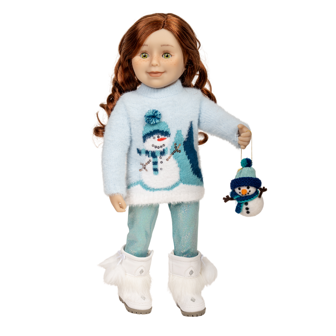 18-inch doll wearing snowman sweater with sparkly blue leggings and a matching miniature snowman ornament.